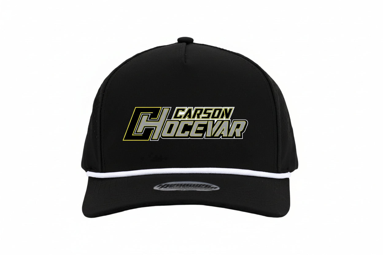 Carson Hocevar hat in black, highlighting the intricate details and the overall design