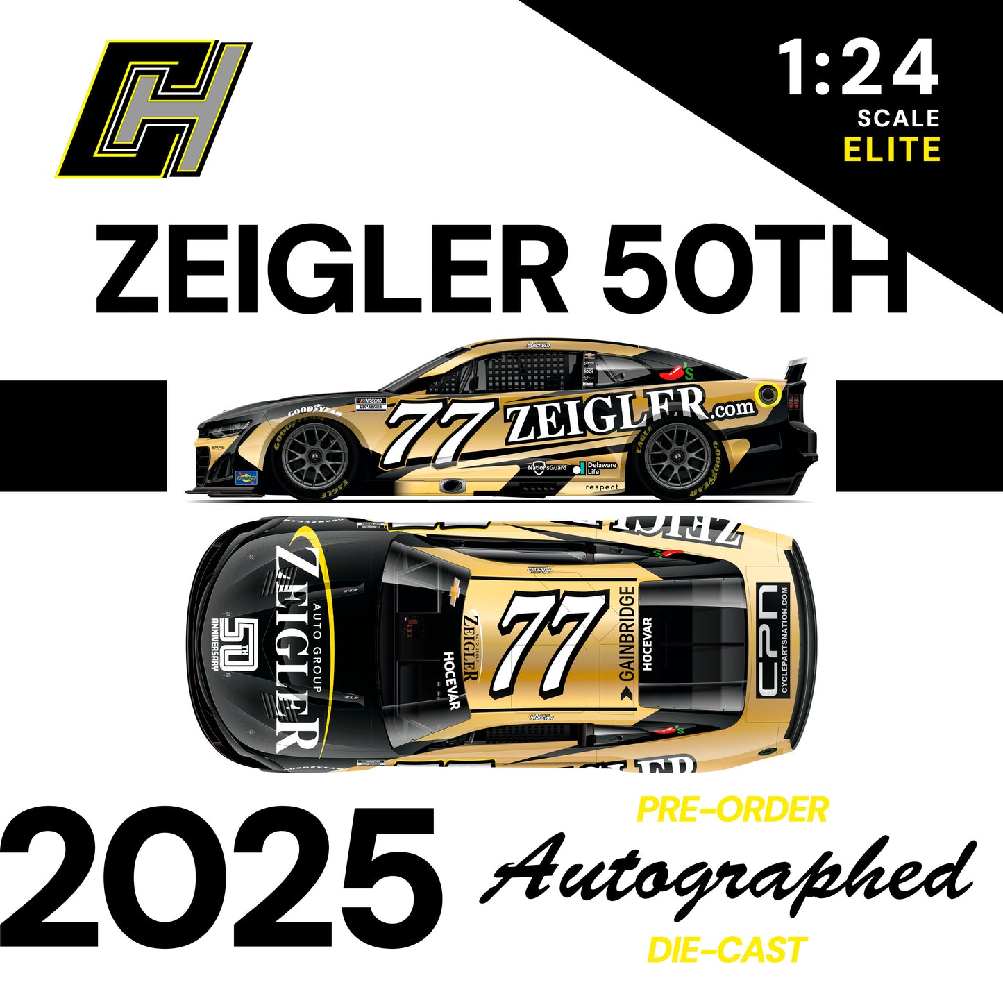 AUTOGRAPHED 2025 Carson Hocevar No.77 Zeigler 50th Anniversary 1:24 Scale ELITE Die-cast
